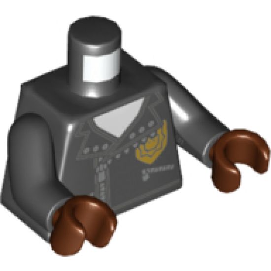 Torso Police Silver Zippers and Rivets, Gold Badge Front, Gold Emblem with Minifigure Head and Wrenches Back Pattern / Black Arms / Reddish Brown Hands
