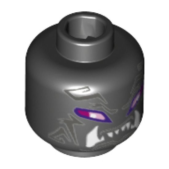 Minifigure, Head Alien, Dark Bluish Gray Forehead/Cheek Markings, Magenta and Bright Pink Eyes with Dark Purple Outlines, Fangs Pattern - Hollow Stud