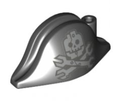 Minifigure, Headgear Hat, Pirate Bicorne with Silver Minifigure Skull with Half Mask and Wrenches Crossbones Pattern