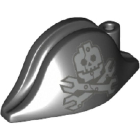 Minifigure, Headgear Hat, Pirate Bicorne with Silver Minifigure Skull with Half Mask and Wrenches Crossbones Pattern