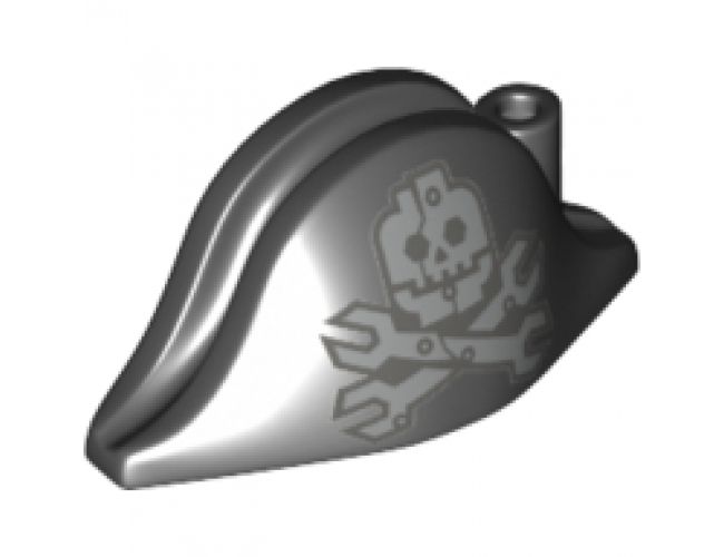 Minifigure, Headgear Hat, Pirate Bicorne with Silver Minifigure Skull with Half Mask and Wrenches Crossbones Pattern