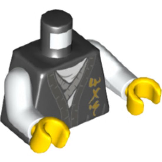 Torso Robe with Dark Bluish Gray Hem, Gold Ninjago Logogram 'MAS', Light Bluish Gray Tunic Pattern / White Arms / Yellow Hands