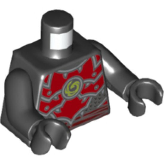 Torso Ninjago Red Plate Armor and Belt, Silver Scale Armor, Lime Swirl Medallion Pattern / Black Arms / Black Hands