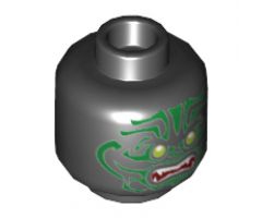 Minifigure, Head Alien with Lime Eyes, White Fangs, Green Face Decorations and Dark Red Mouth Pattern - Hollow Stud