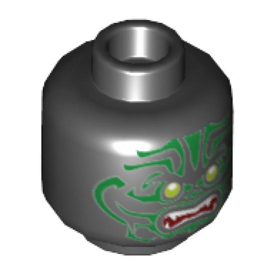 Minifigure, Head Alien with Lime Eyes, White Fangs, Green Face Decorations and Dark Red Mouth Pattern - Hollow Stud