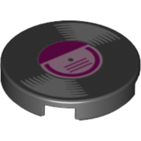 Tile, Round 2 x 2 with Bottom Stud Holder with Vinyl Record with Magenta Label Pattern
