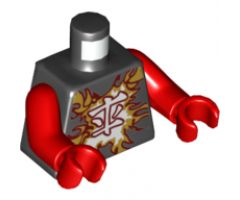 Torso Ninjago Dark Red and Gold Flames and White Ninjago Logogram 'Fire' Pattern / Red Arms / Red Hands