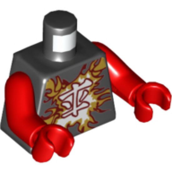 Torso Ninjago Dark Red and Gold Flames and White Ninjago Logogram 'Fire' Pattern / Red Arms / Red Hands