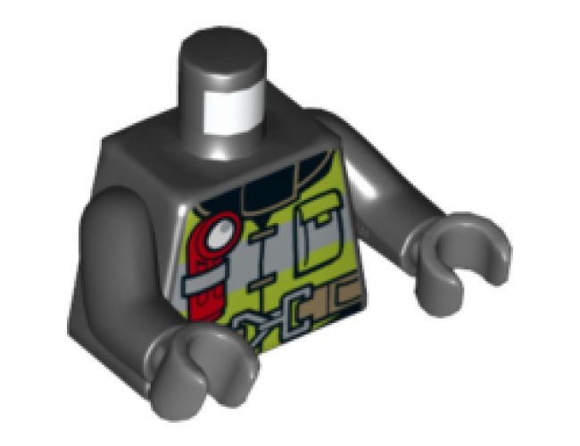 Torso Fire Reflective Stripes with Utility Belt and Flashlight Front, Fire Badge on Back Pattern / Black Arms / Dark Bluish Gray Hands