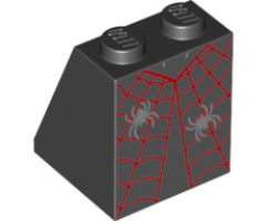 Slope 65 2 x 2 x 2 with Bottom Tube with Minifigure Dress/Skirt/Robe, Red Spider Web and 2 Silver Spiders Pattern