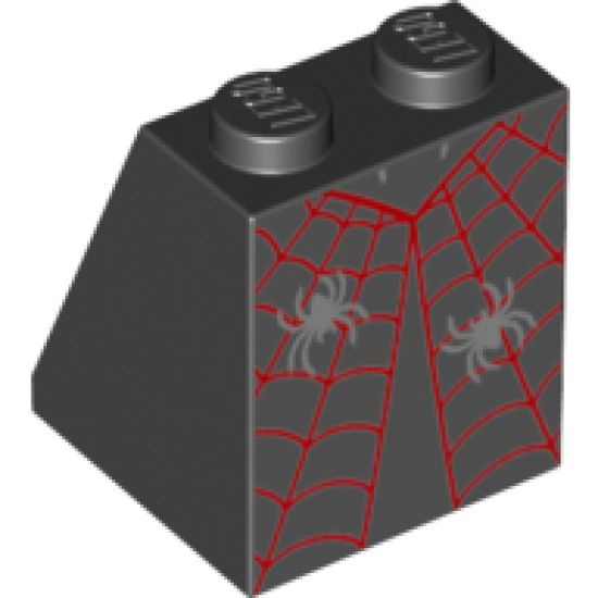 Slope 65 2 x 2 x 2 with Bottom Tube with Minifigure Dress/Skirt/Robe, Red Spider Web and 2 Silver Spiders Pattern