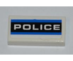 Tile 1 x 2 with Blue Stripes and White 'POLICE' on Black Background Pattern (Sticker) - Set 8197