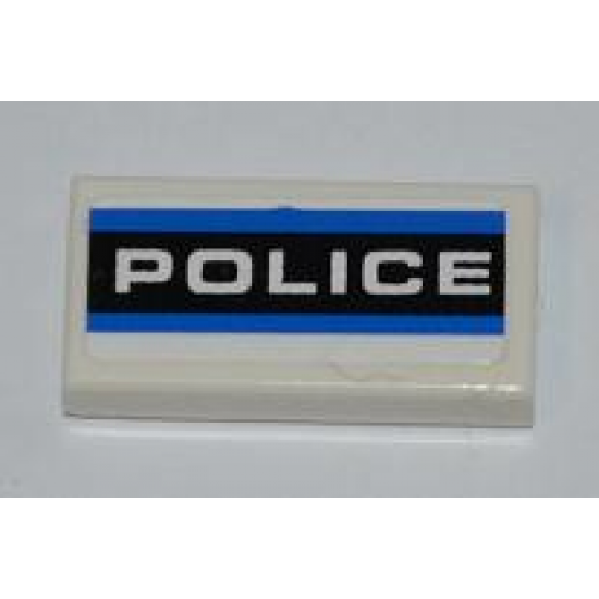 Tile 1 x 2 with Blue Stripes and White 'POLICE' on Black Background Pattern (Sticker) - Set 8197