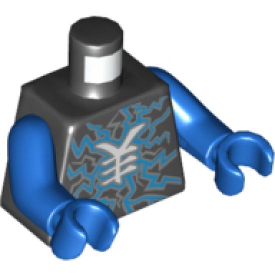 Torso Ninjago with Dark Azure and Silver Lightning and White Ninjago Logogram 'Lightning' Pattern / Blue Arms / Blue Hands