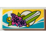 Tile 2 x 4 with Lime Surfboard, Dark Pink and Medium Lavender Hibiscus Flowers, and Medium Azure Wave Pattern (Sticker) - Set 41315