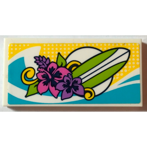 Tile 2 x 4 with Lime Surfboard, Dark Pink and Medium Lavender Hibiscus Flowers, and Medium Azure Wave Pattern (Sticker) - Set 41315