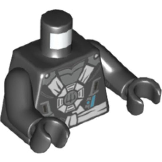 Torso Ninjago White and Silver Straps and Belt, Round Emblem, Weapons and Silver Armor Pattern / Black Arms / Black Hands