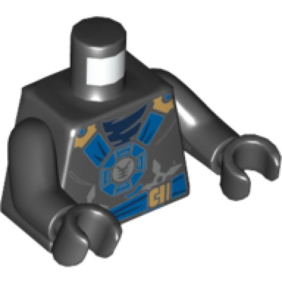 Torso Ninjago Blue and Gold Straps and Belt, Round Emblem, Weapons and Dark Blue Undershirt Pattern / Black Arms / Black Hands