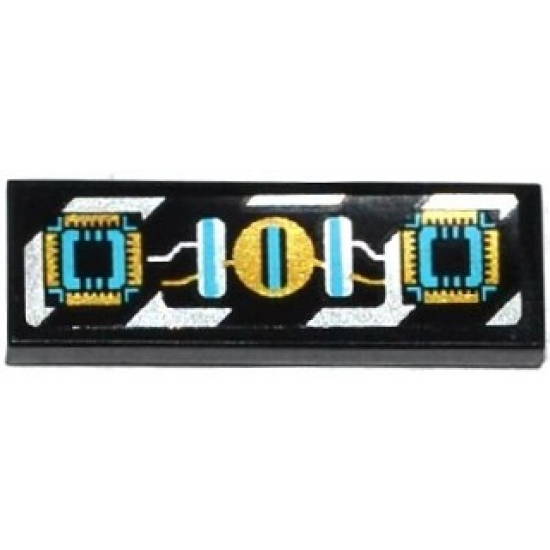 Tile 1 x 3 with Gold, Silver and Medium Azure Circuitry and Microchips over Silver Danger Stripes Pattern (Sticker) - Set 70167