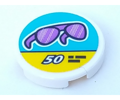 Tile, Round 2 x 2 with Bottom Stud Holder with Trans-Purple Sunglasses and '50' on Medium Azure and Yellow Sign Pattern (Sticker) - Set 41315