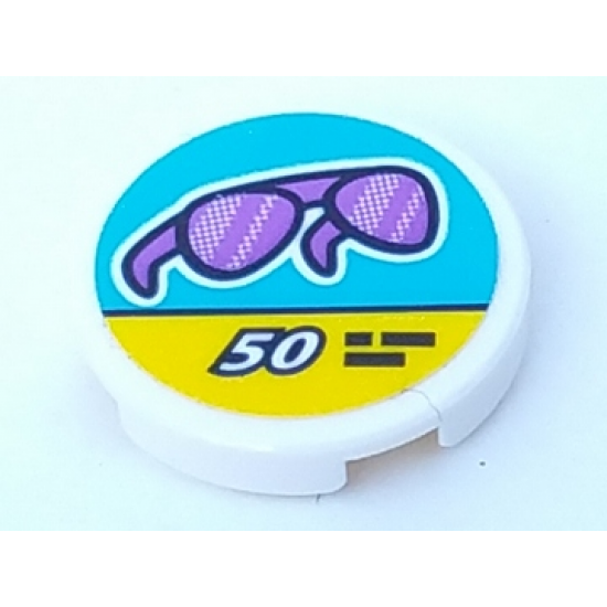 Tile, Round 2 x 2 with Bottom Stud Holder with Trans-Purple Sunglasses and '50' on Medium Azure and Yellow Sign Pattern (Sticker) - Set 41315