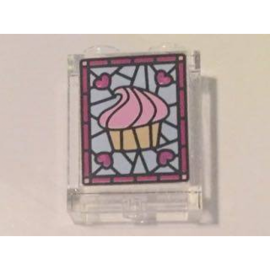 Panel 1 x 2 x 2 with Side Supports - Hollow Studs with Cupcake and 4 Magenta Hearts on Stained Glass Background Pattern (Sticker) - Set 41119