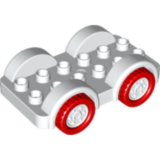 Duplo, Vehicle Car Base 2 x 6 with Four Red Tires and White Wheels on Fixed Axles