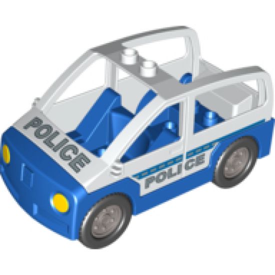 Duplo, Vehicle Car with 2 Studs on Roof, Blue Base and Silver 'POLICE' Pattern
