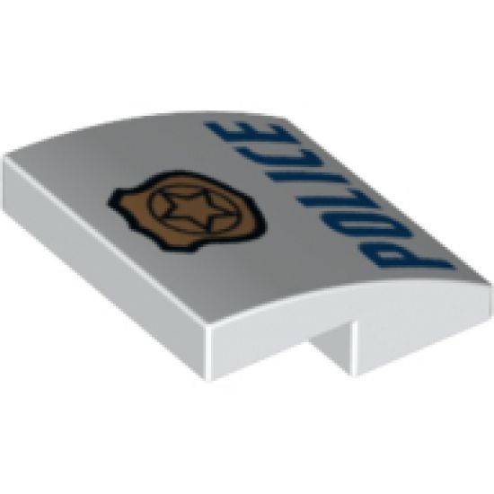 Slope, Curved 2 x 2 with Copper Badge with Black Outline on Badge and Star and Blue 'POLICE' Pattern