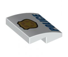 Slope, Curved 2 x 2 with Gold Badge with Black Outline on Badge and Blue 'POLICE' Pattern