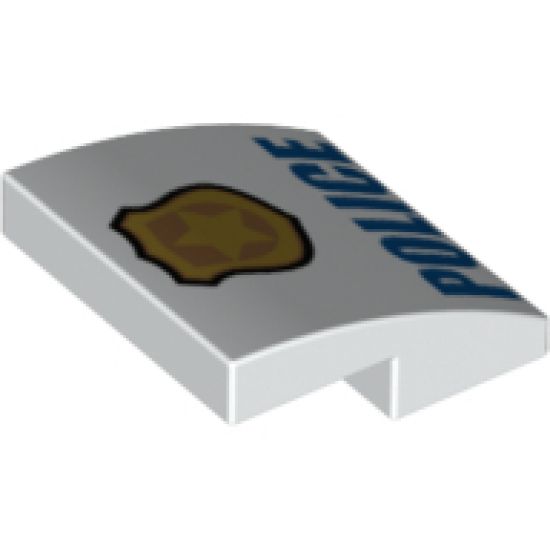 Slope, Curved 2 x 2 with Gold Badge with Black Outline on Badge and Blue 'POLICE' Pattern