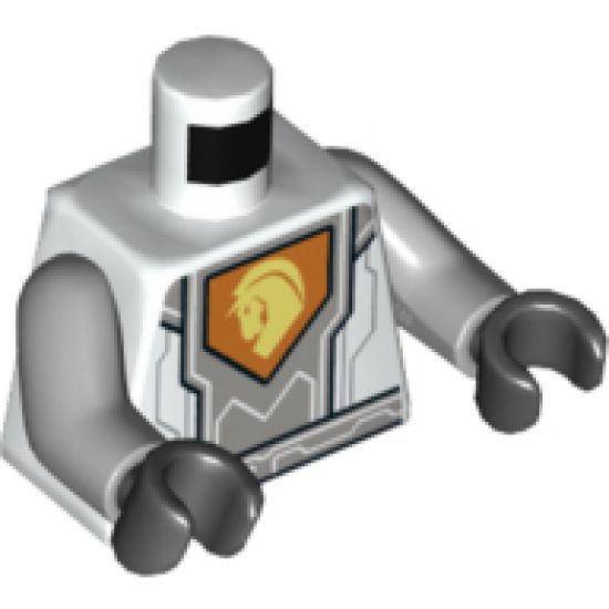 Torso Nexo Knights Armor, Silver Circuits, Light Bluish Gray Panel, Orange Emblem, Yellow Horse Head Pattern / Light Bluish Gray Arms / Black Hands