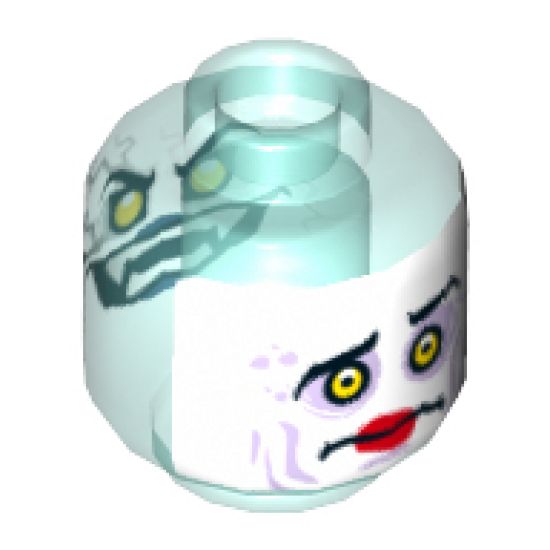 Minifigure, Head Dual Sided Yellow Eyes, Lightning, Teeth with Fangs, Evil Smile / White Face, Sunken Eyes, Red Lips, Confused Pattern - Hollow Stud