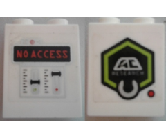 Brick 1 x 2 x 2 with Inside Stud Holder with 'NO ACCESS' and Control Panel and 'AC RESEARCH' on Transparent Background Pattern (Stickers) - Set 70163