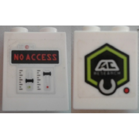 Brick 1 x 2 x 2 with Inside Stud Holder with 'NO ACCESS' and Control Panel and 'AC RESEARCH' on Transparent Background Pattern (Stickers) - Set 70163