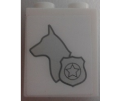 Brick 1 x 2 x 2 with Inside Stud Holder with Dog Head Facing Left and Silver Police Badge Pattern Model Left Side (Sticker) - Set 60048