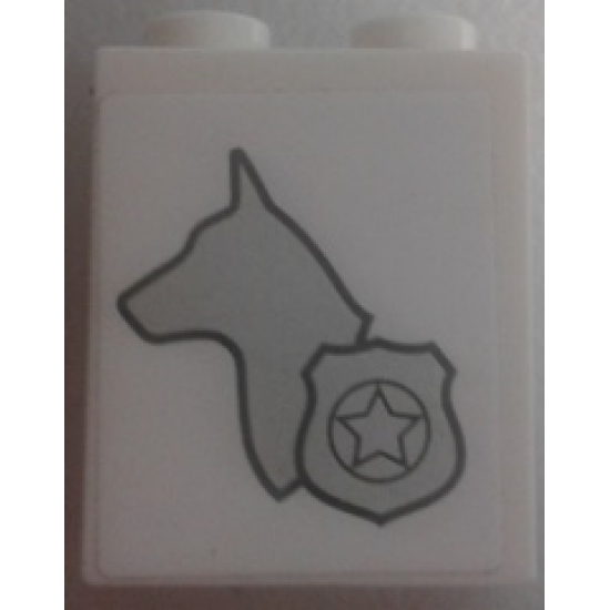 Brick 1 x 2 x 2 with Inside Stud Holder with Dog Head Facing Left and Silver Police Badge Pattern Model Left Side (Sticker) - Set 60048