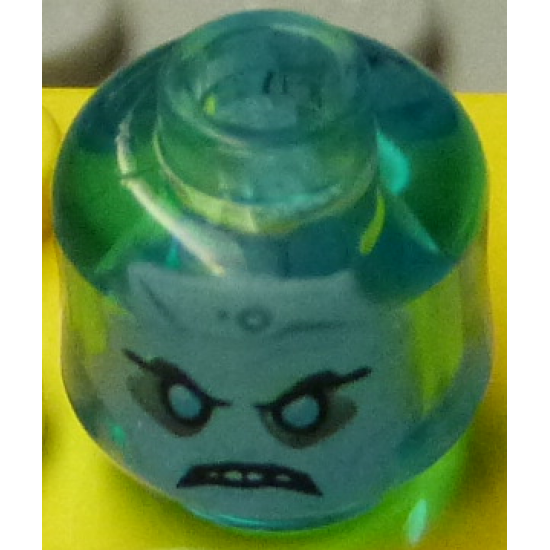 Minifigure, Head White Face, Black Eyebrows, Bright Light Blue Eyes, Scowl, Ponytail in Back Pattern - Vented Stud