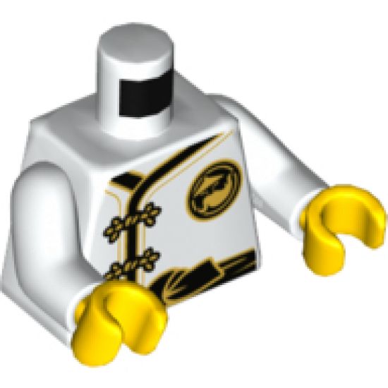 Torso Ninjago Robe with Gold Frog Clasps, Black Sash and Gold Sensei Wu Emblem Front and Back Pattern / White Arms / Yellow Hands