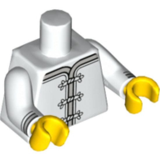 Torso Ninjago Robe with Gray Trim, White Frog Clasps and Red Flower Medallion Pattern / White Arms with Black and Gray Cuffs Pattern / Yellow Hands