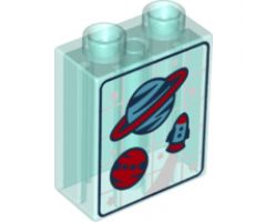 Duplo, Brick 1 x 2 x 2 with Planets, Stars and Spaceship on White Grid Pattern
