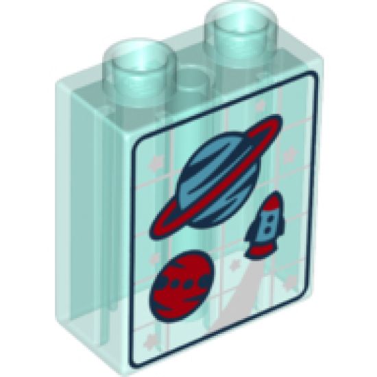 Duplo, Brick 1 x 2 x 2 with Planets, Stars and Spaceship on White Grid Pattern