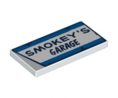 Tile 2 x 4 with Dark Blue 'SMOKEY'S GARAGE' Pattern