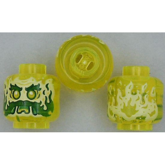 Minifigure, Head Alien Ghost with Yellowish Green Face, Beard, Sideburns, Slime Mouth and Flames in Back Pattern - Vented Stud
