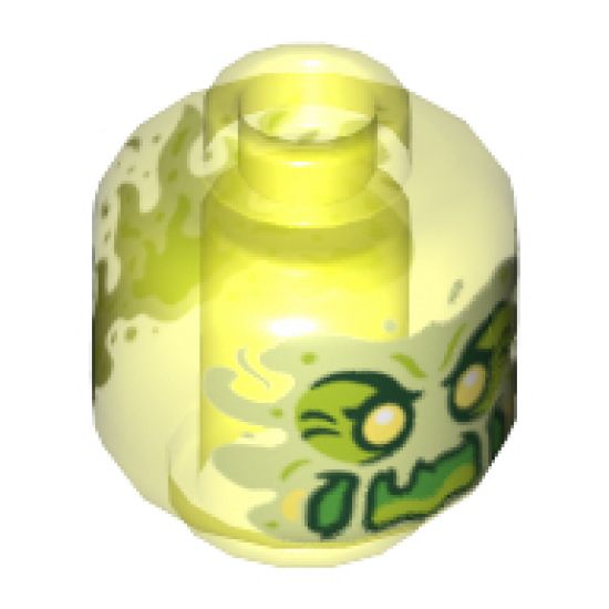 Minifigure, Head Alien Ghost with Yellowish Green Face, Cheeks, Large Raised Eyebrows, Pointed Eyes and Flames in Back Pattern - Vented Stud