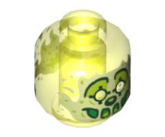 Minifigure, Head Alien Ghost Clown with Yellowish Green Face, Large Drawn Eyebrows, Pointed Eyes, Nose and Flames in Back Pattern - Vented Stud