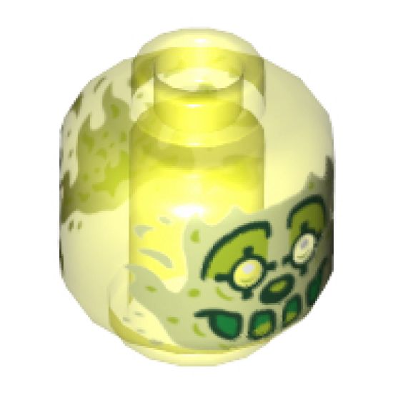 Minifigure, Head Alien Ghost Clown with Yellowish Green Face, Large Drawn Eyebrows, Pointed Eyes, Nose and Flames in Back Pattern - Vented Stud