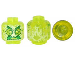 Minifigure, Head Alien Ghost with Yellowish Green Face, Bushy Eyebrows, Glasses, Angry and Flames in Back Pattern - Vented Stud