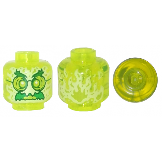 Minifigure, Head Alien Ghost with Yellowish Green Face, Bushy Eyebrows, Glasses, Angry and Flames in Back Pattern - Vented Stud