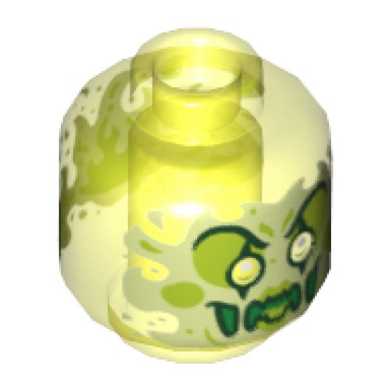 Minifigure, Head Alien Ghost Clown with Yellowish Green Face, Large Raised Eyebrows, Pointed Eyes and Flames in Back Pattern - Vented Stud